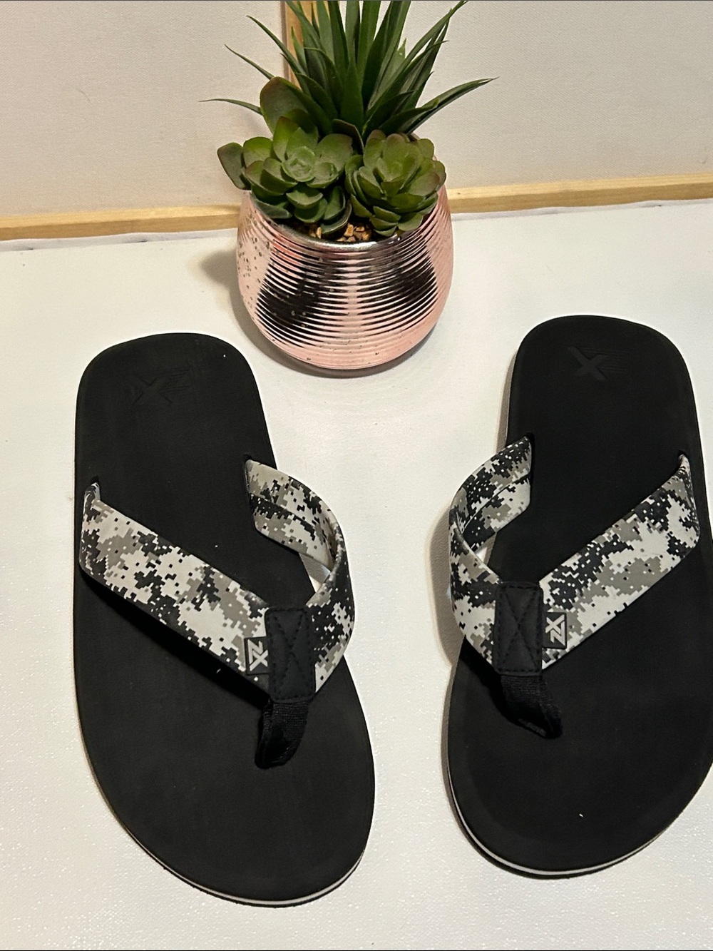 Black Flip Flop Sandals with Gray Digital Camo Straps